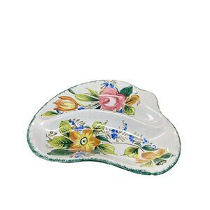 Italian Handmade vintage floral ceramic divided serve trinkey dish tray SKU 9768